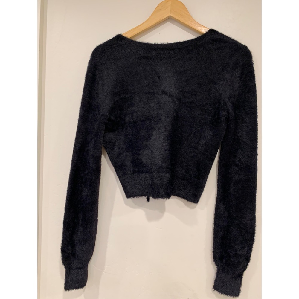 Freshman 1996 Black Fuzzy Eyelash Knit Cropped Tie Front Cardigan Sweater Small‎